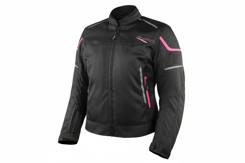 A black and pink Gryphon women's AQUA AIR Mesh Jacket with high-flow mesh on the front and back, featuring reflective safety elements and high-quality YKK zippers.
