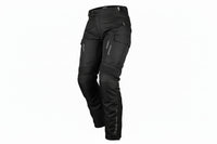 A pair of Gryphon women's waterproof motorcycle pants in black, featuring knee protection and a zippered front ventilation system.