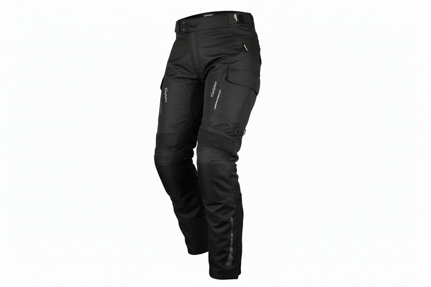 A pair of Gryphon women's waterproof motorcycle pants in black, featuring knee protection and a zippered front ventilation system.