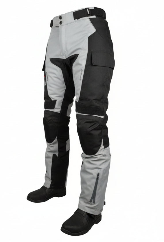 A pair of Gryphon women's waterproof motorcycle pants in black and gray, featuring knee protection and a zippered front ventilation system.