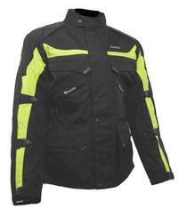 Pyrenees Gryphon women's waterproof motorcycle jacket in black and gray with green accents, featuring multiple pockets and ventilation points, illustrated with detailed captions.