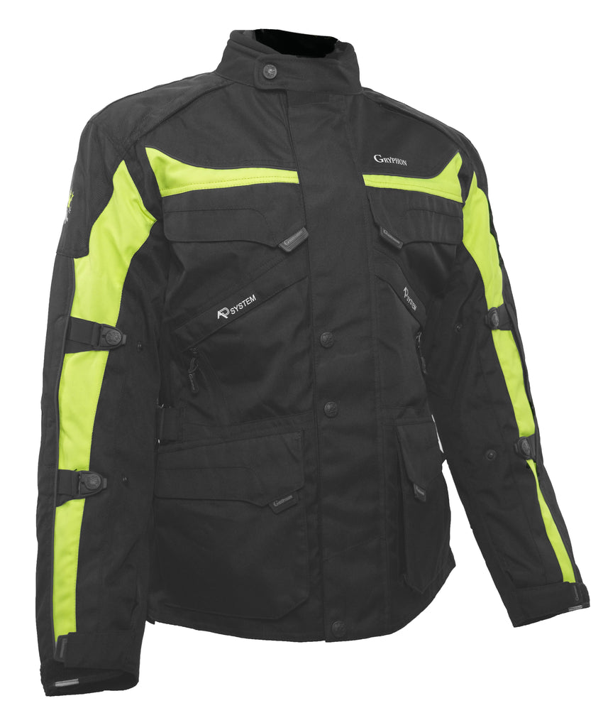 Pyrenees Gryphon women's waterproof motorcycle jacket in black and gray with green accents, featuring multiple pockets and ventilation points, illustrated with detailed captions.