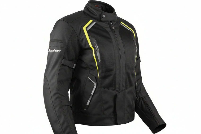 Gryphon Women's TORQUE Mesh Transition Jacket Black motorcycle jacket with hiviz accents on a white background