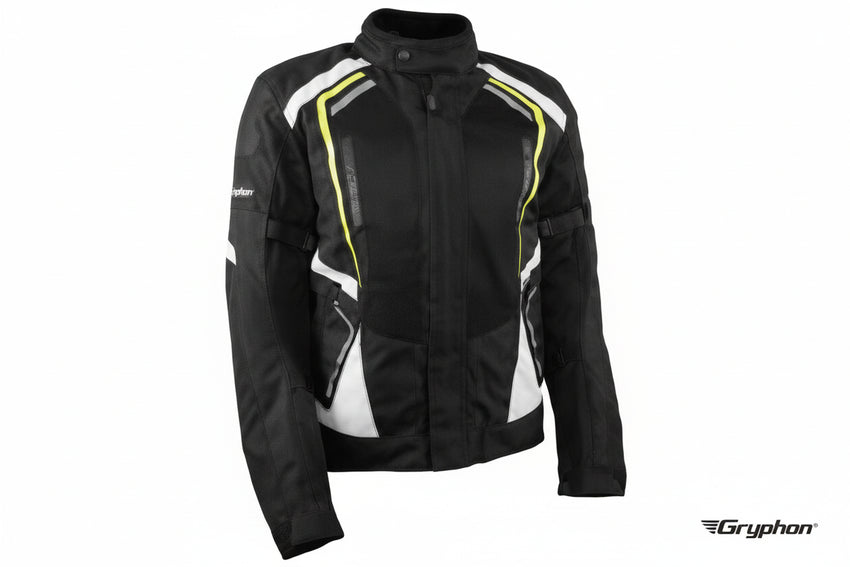 Gryphon Women's TORQUE Mesh Transition Jacket Black motorcycle jacket with white and hiviz accents on a white background