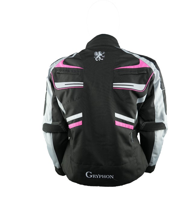 Gryphon Women's TWISTED SISTERS Waterproof Jacket in Black with Pink and grey accents with reflective areas on a white background