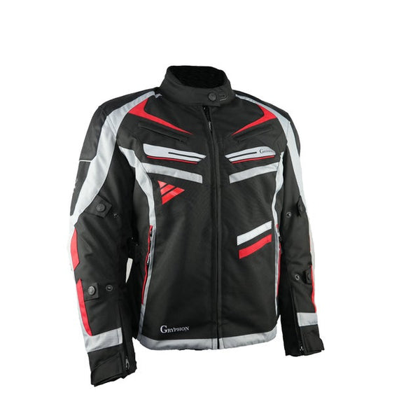 Gryphon Women's TWISTED SISTERS Waterproof Jacket  inBlack, gray, and red motorcycle jacket on a white background