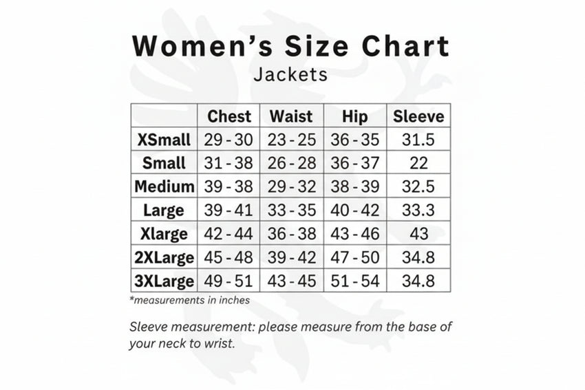 Gryphon Women's size chart for jackets with measurements in inches.