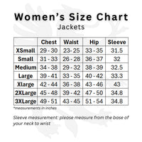 Gryphon Women's  Motorcycle Jacket size chart with measurements in inches.