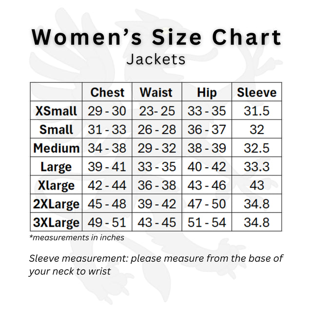 Gryphon Women's  Motorcycle Jacket size chart with measurements in inches.