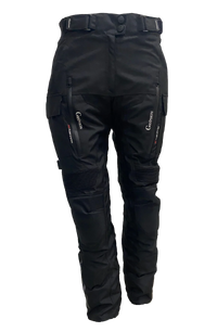 Gryphon Women’s Pacific Coast 2 black waterproof motorcycle pants with adjustable waist, zippered thigh vents and flexible stretch knee panels, front view.
