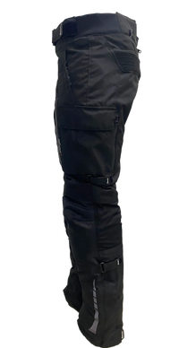 Black motorcycle pants with multiple pockets on a white background