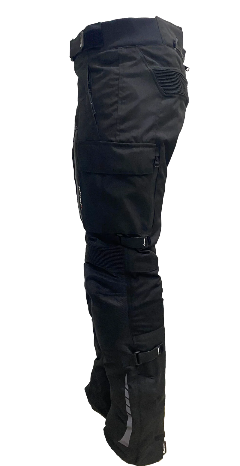 Black motorcycle pants with multiple pockets on a white background