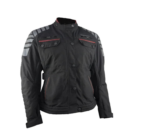 Gryphon Rebel Black motorcycle jacket with gray accents on a white background