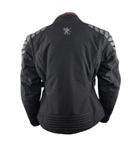 The backside of a Gryphon Rebel Black motorcycle jacket with gray accents on a white background