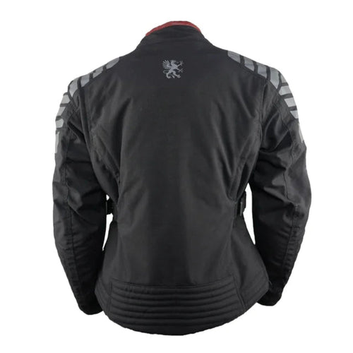 Gryphon Women’s Rebel black waterproof motorcycle jacket with reflective shoulder panels and stretch lower-back panel, rear view.