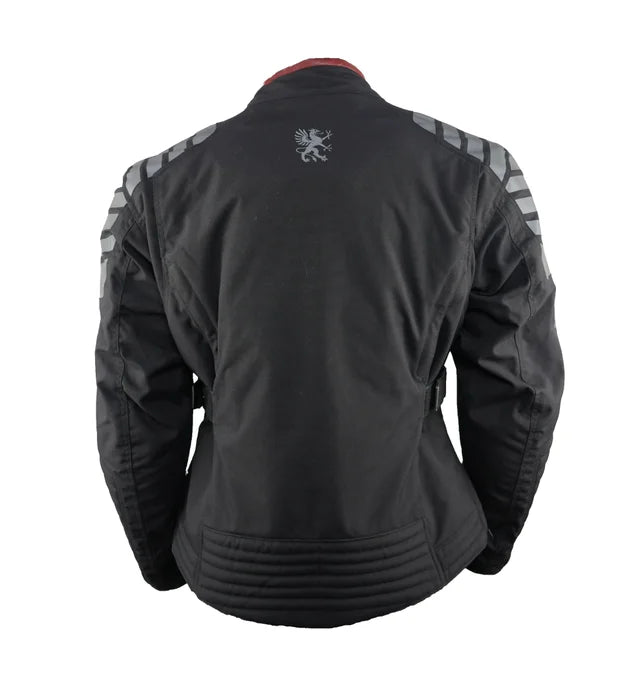 The backside of a Gryphon Rebel Black motorcycle jacket with gray accents on a white background