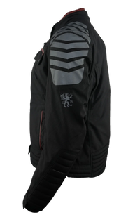 Gryphon Women’s Rebel black waterproof motorcycle jacket featuring high-visibility reflective shoulder panels, reinforced sleeves and red trim, side view.