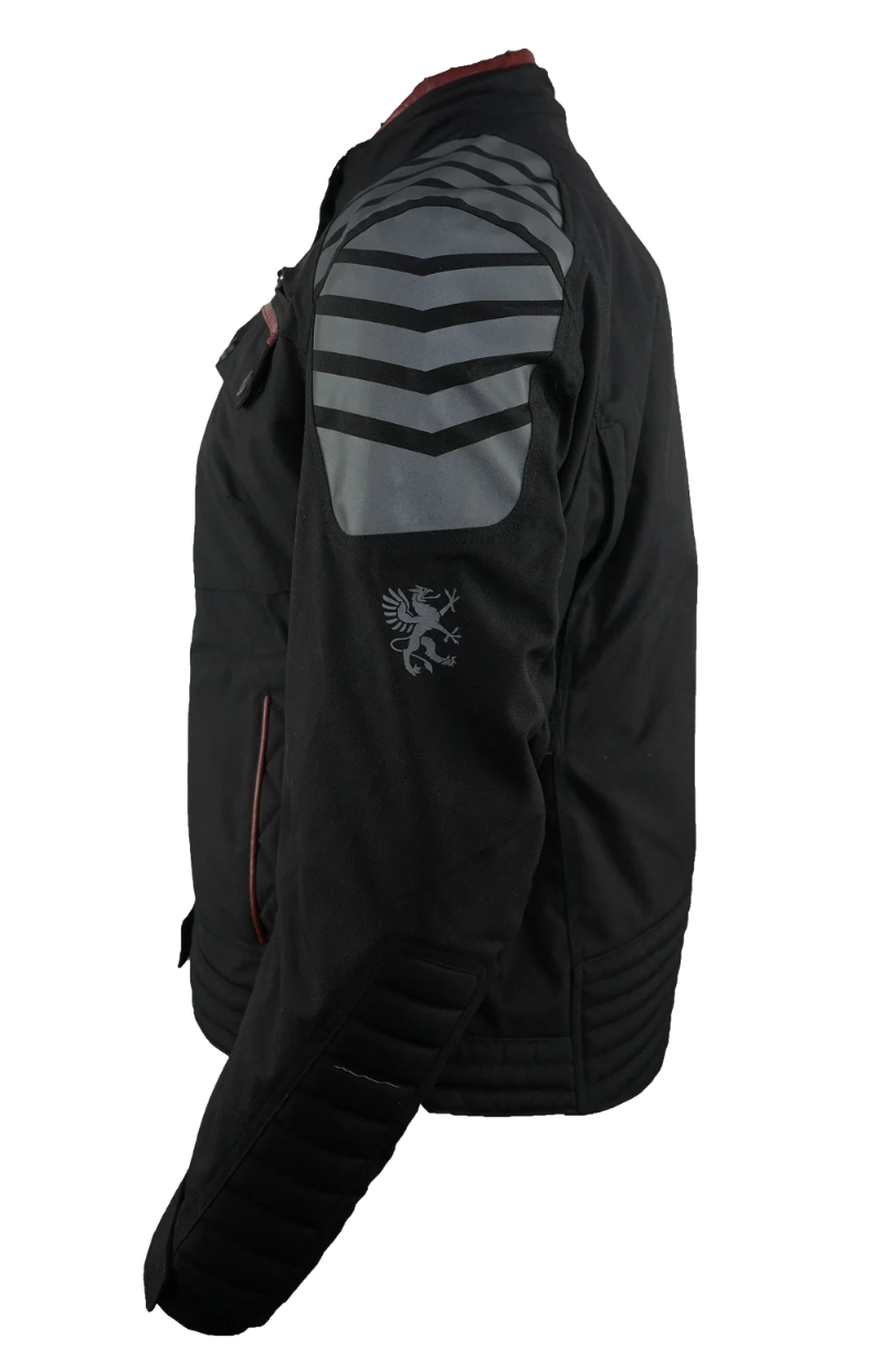 Gryphon Women’s Rebel black waterproof motorcycle jacket featuring high-visibility reflective shoulder panels, reinforced sleeves and red trim, side view.