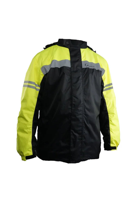 Gryphon Coastal Motorcycle rain jacket Two-tone yellow and black  with reflective stripes on a white background