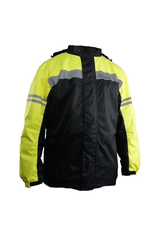 Gryphon Coastal Motorcycle rain jacket Two-tone yellow and black  with reflective stripes on a white background