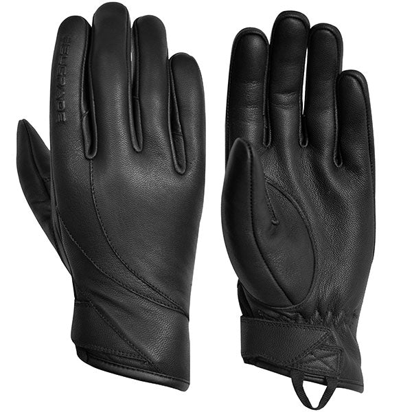 A pair of black leather gloves for women with a velcro cuff closure.