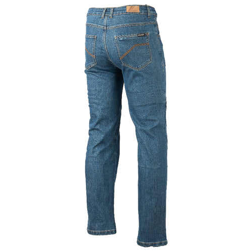 Joe Rocket Highside blue men’s motorcycle riding jeans with two stitched rear pockets, belt loops and a straight-leg fit, back view.