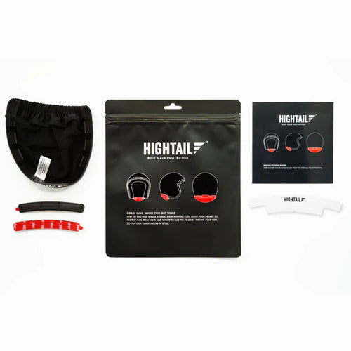 Hightail Bike Hair Protector complete installation kit for motorcycle helmets. Includes hair protector, genuine 3M adhesive primer, mounting strip, installation tool, and instructions to reduce hair pulling and improve helmet comfort. Available in Canada from Yukon Moto Gear & Apparel.