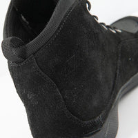 Close-up rear view of the Joe Rocket Blaster Waterproof Motorcycle Shoe showcasing the premium black suede upper, padded ankle collar, reinforced heel support, and rear pull loop for easy entry. Designed for everyday motorcycle riding with a comfortable sneaker-inspired fit, durable construction, and added ankle protection.