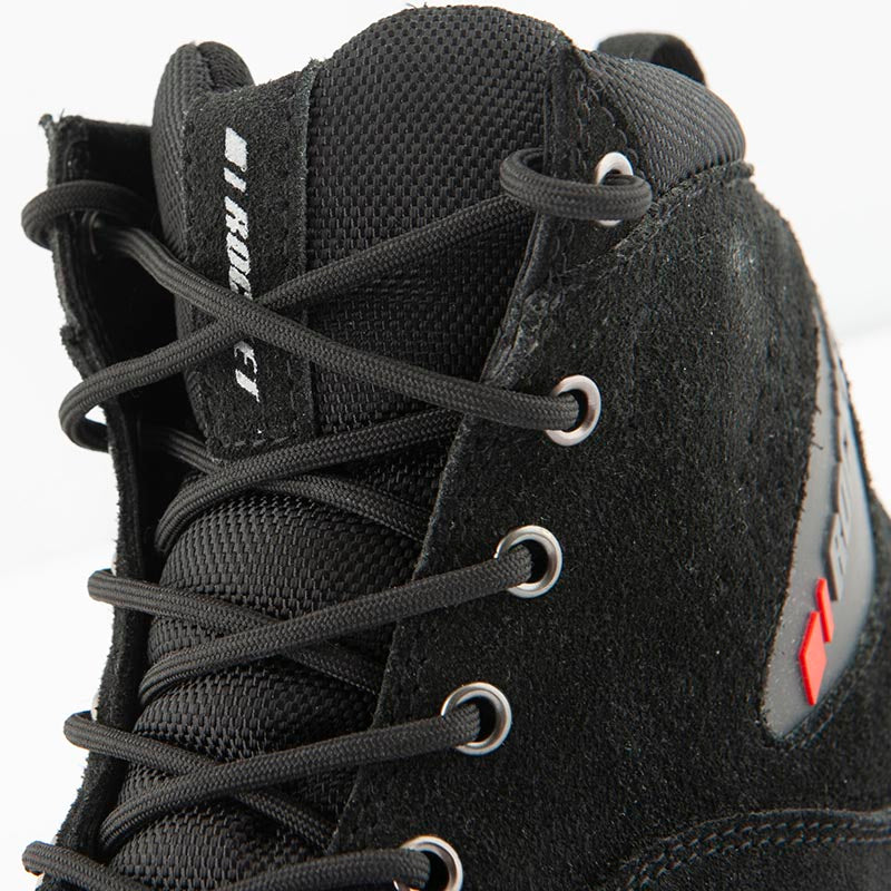 Close-up of the Joe Rocket Blaster Waterproof Motorcycle Shoe highlighting the durable round lace-up closure, reinforced metal eyelets, padded mesh tongue, and premium black suede upper. Designed to provide a secure fit, breathable comfort, and reliable support for commuting, urban riding, and everyday motorcycle use.