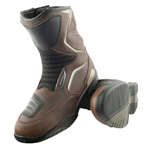 Joe Rocket Men's Alter Ego Waterproof Touring Motorcycle Boots in brown and black featuring a mid-height waterproof leather design, CE-certified protection, reinforced toe and heel, accordion flex panels, reflective accents, integrated shift pad, and durable touring sole. Motorcycle touring boots built for all-weather comfort, long-distance riding, commuting, and everyday motorcycle adventures.