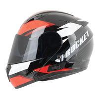 Black, red, and white motorcycle helmet with 'Rocket' branding on a white background