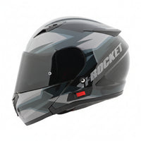 Gray motorcycle helmet with a black visor on a white background