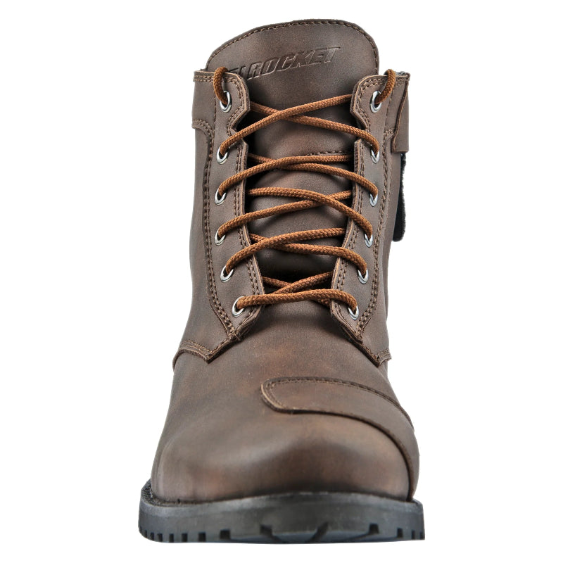 Front view of the Joe Rocket Iron Age Waterproof Motorcycle Cruiser Boot in brown leather, featuring a classic lace-up closure, reinforced shift pad, padded tongue, durable waterproof construction, and rugged lug sole. Protective motorcycle riding boot designed for cruiser, touring, and everyday riders seeking comfort, durability, and timeless style.