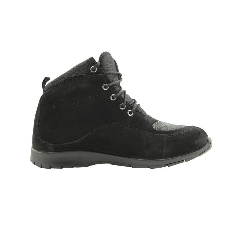 Black high-top sneaker with brand logo on a white background