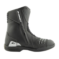 Black motorcycle boot with brand logo on a white background