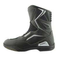 Black motorcycle boot with gray accents on a white background