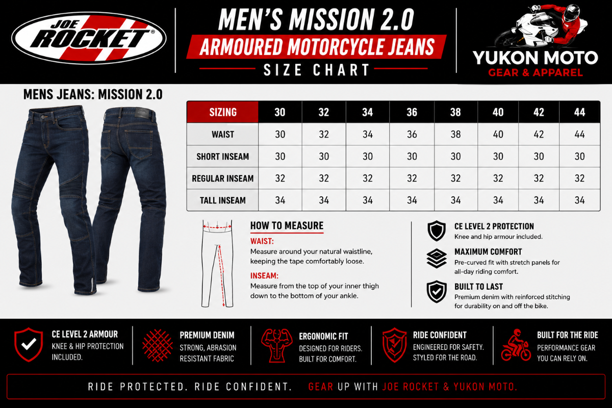 Joe Rocket Men's MISSION 2.0 Armoured Motorcycle Jeans Canada Size Chart