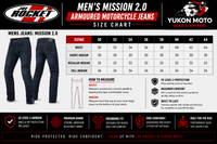 Men's Mission 2.0 armoured motorcycle jeans size chart with Joe Rocket and Yukon Moto branding.