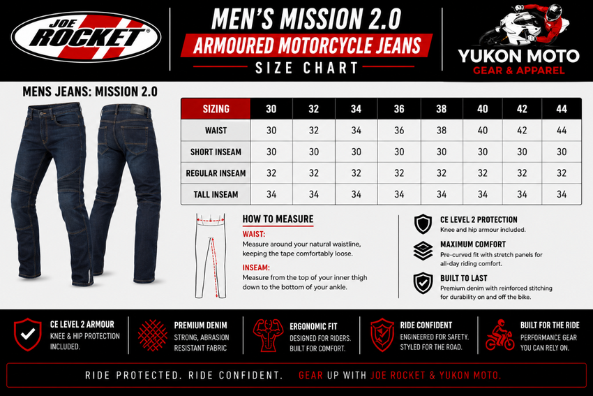 Men's Mission 2.0 armoured motorcycle jeans size chart with Joe Rocket and Yukon Moto branding.