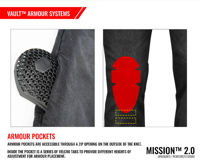 Advertisement for Vault Armour Systems showing armour pockets onMission 2.0 denim.