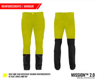 Yellow and black pants with aramid reinforcements on a white background, featuring 'Mission 2.0' branding.