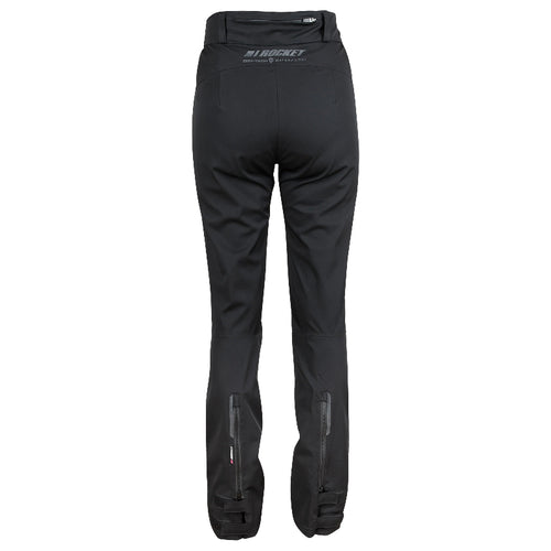 Rear view of the Joe Rocket Pacifica 2.0 Women's Waterproof Motorcycle Pants in Black featuring a waterproof textile shell, rear waist connection zipper, lower leg entry zippers, adjustable cuffs, and CE armor-ready touring design.