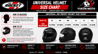 Yukon Moto Joe Rocket helmet size chart with helmet images and measurements.