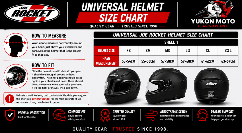 Yukon Moto Joe Rocket helmet size chart with helmet images and measurements.