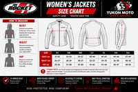 Women's jackets size chart with measurement guide and brand logos.