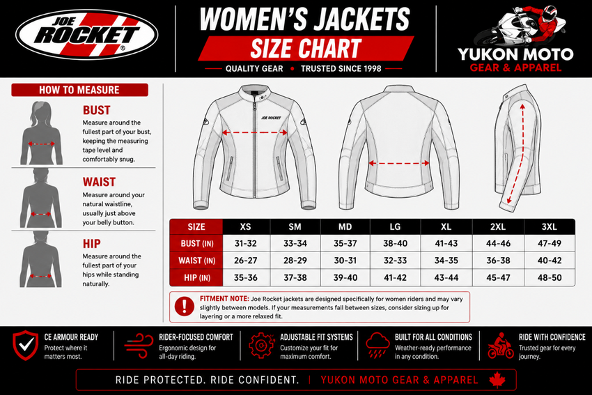 Women's jackets size chart with measurement guide and brand logos.