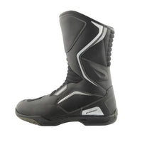 Black motorcycle boot with white accents on a white background