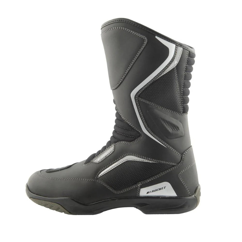 Black motorcycle boot with white accents on a white background
