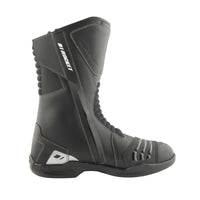 Black motorcycle boot with brand logo on a white background