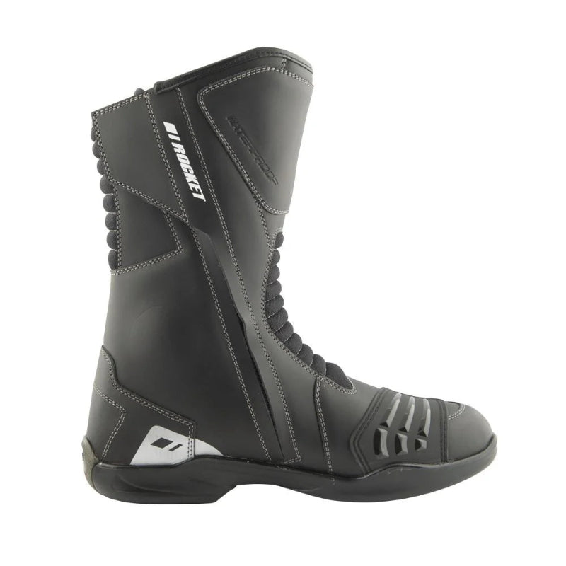 Black motorcycle boot with brand logo on a white background